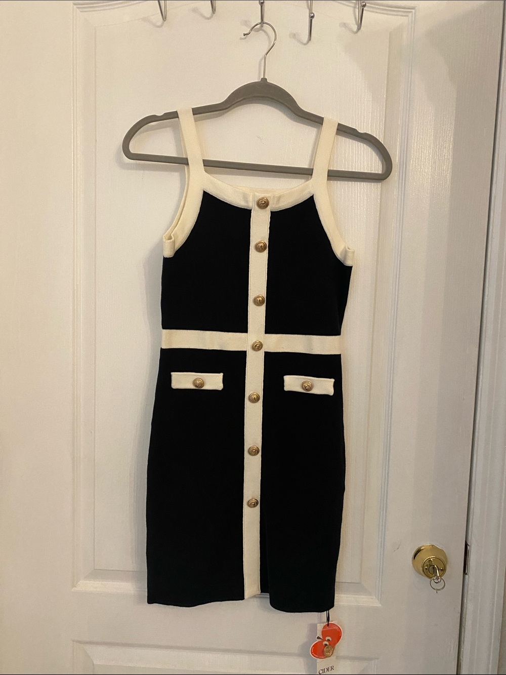 Black Knit Tank Dress with Cream Trim and Gold Buttons